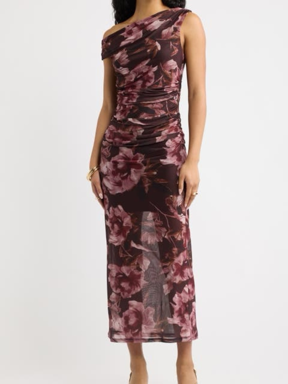 Open Edit Off Shoulder Mesh Floral Midi Dress Brown Size M
